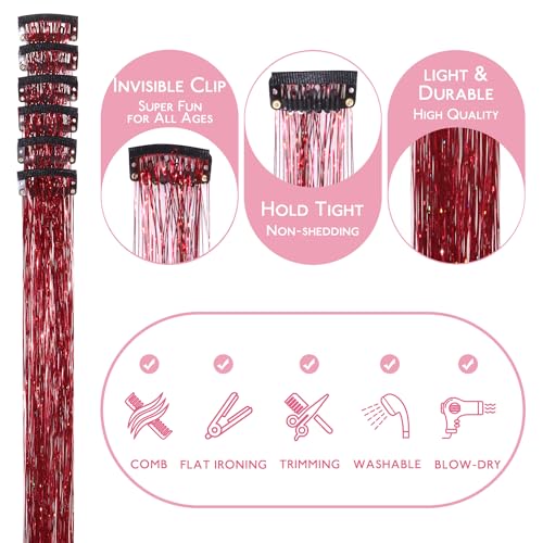 Image of WENNALIFE Hair Tinsel Clip In for Girls Red, 6pcs 24 inch Clips Tinsel Hair Extensions Clip in Colorful Glitter Clips Sparkle Fairy Hair Accessories for Kids