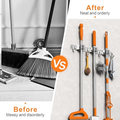 Image of Enclave Stainless Steel Mop and Broom Holder Wall Mounted Adhesive Storage Solutions for Broom mop etc, Garage Storage Systems Broom Organizer. (3 RACK 4 HOOK /SILVER, PACK OF 2)