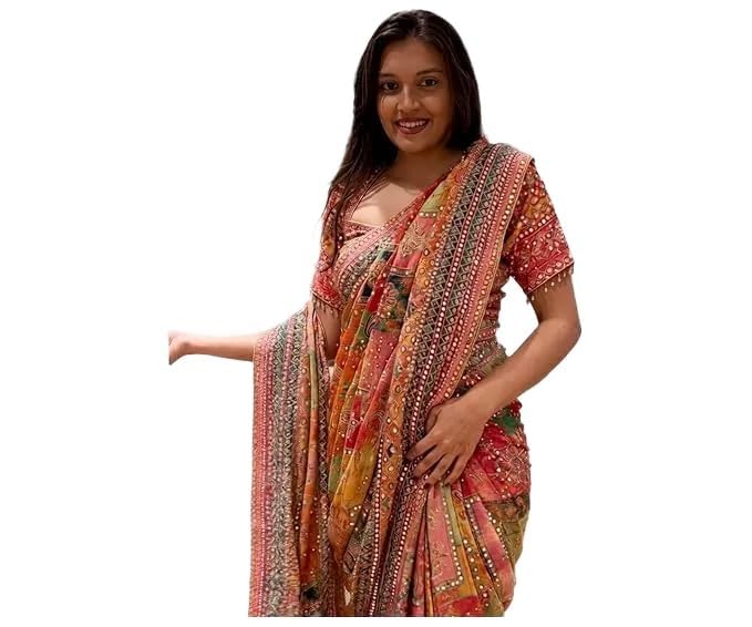Image of Women's Chinon Silk Saree with Printed Design, Mirror Work & Zari Woven Detailing | Ethnic Wear Saree with Unstitched Blouse Piece | Traditional Festive & WeddingWear