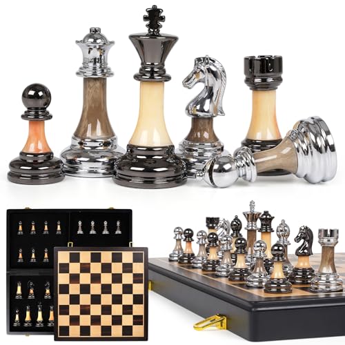 Luxury Large Metal & Acrylic Chess Set with Wooden Chess Board (17) Weighted Chess Pieces with 3.5 King Foldable Tournament Chess Set for Adults & Kids Professional Chess Game Set