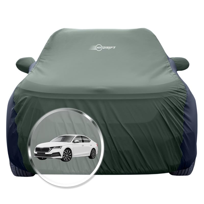 Image of NEODRIFT 'SuperTech' Car Cover for Skoda Octavia (100% Water-Resistant, All Weather Protection, Tailored Fit, Multi-Layered & Breathable Fabric) (Colour: L.Green+Black) (Model: 2021-2026)