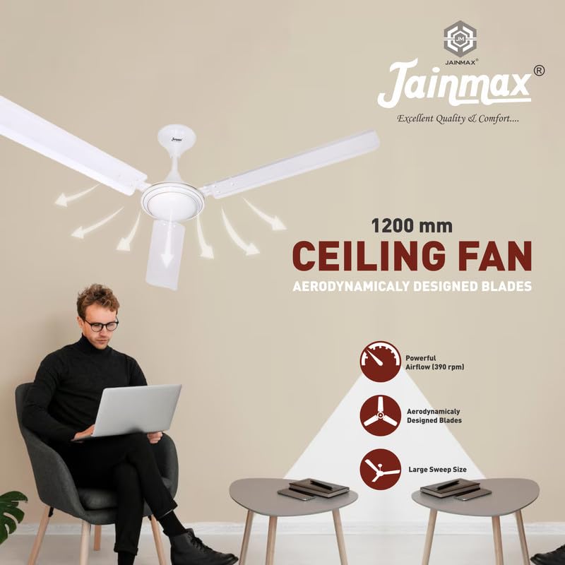 Image of 1200mm Ceiling Fan | 50W High-Speed Motor | 390 RPM | 100% Copper Winding | Anti-Dust | BEE Star Rated | Rust-Resistant | Up to 33% Energy Saving | Strong & Powerful Performance (White)