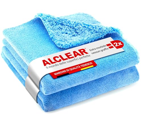 ALCLEAR 820203UB Panno in microfibra blu per auto - Doppio lato, per auto e casa - 40×40 cm, non lascia pelucchi, morbido e lavabile - per vernice, vetro, plastica e interni - Design tedesco