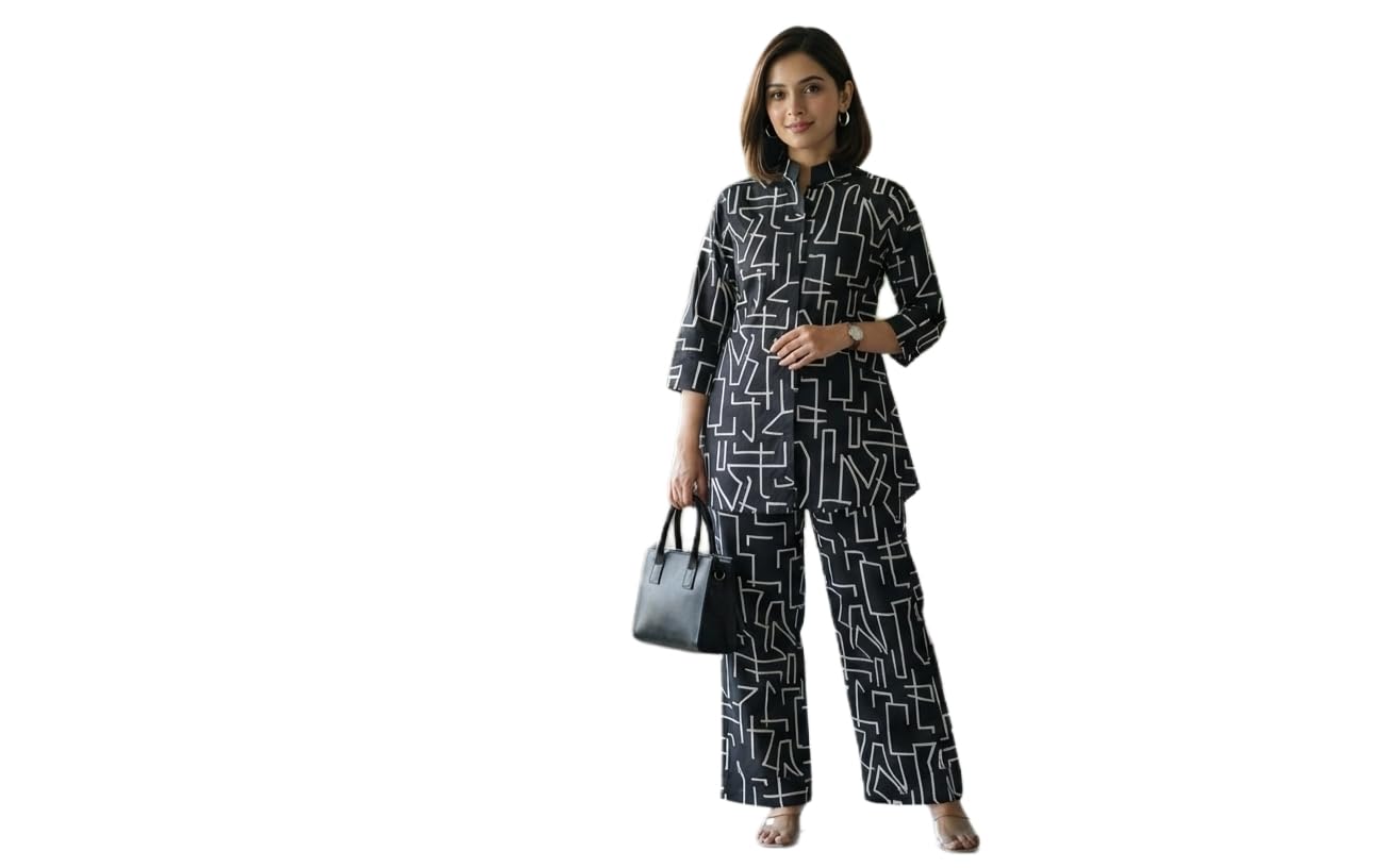 Women's Black Geometric Print Co-ord Set,L size-picture-24