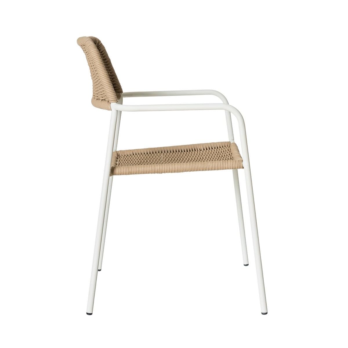 LOLAhome Pack de 4 Silla Deluxe Milos para jardín, Acero Blanco y Cuerda Trenzada Beige, 55x55x83 cm, Ergonómica y Apilable, Tratamiento Anticorrosión y Duraderas, Calidad y Diseño