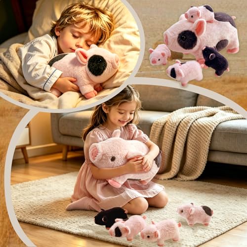 Image of Pig Stuffed Animal，Cute Pig Mommy Stuffed Animal with 4 Baby Pig Plushies in Tummy，Kawaii Pig Plush Toy Gift for Kids Girls Boys