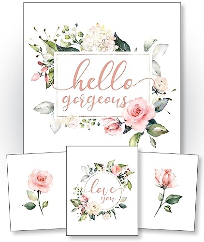 Image of Confetti Fox Pink Nursery Wall Art Decor, Baby Girl Flowers Floral Inspirational Quotes Hello Gorgeous Love, Roses Botanical Watercolor Affirmations (8x10 Unframed Set of 4 Prints)