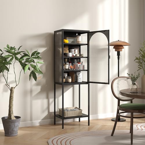 BIZOEIRON Armoire en métal, avec porte en verre, debout et 3 étagères réglables, étroite en verre, 35 x 50 x 160 cm (P x l x H) - Noir