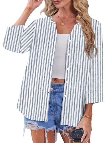 Image of OFEEFAN Button Down Shirts for Women 3 /4 Length Sleeve Tops V Neck Blouses Business Casual Outfits Loose Fit