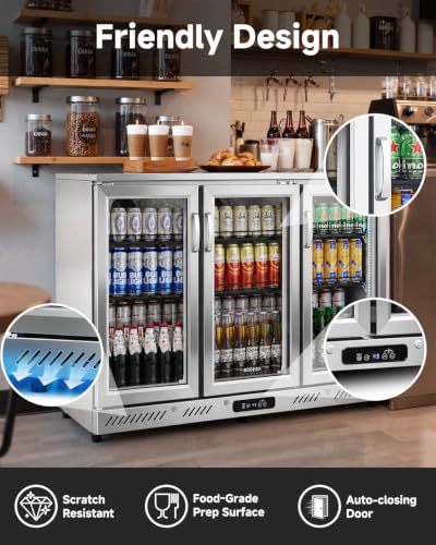 Image of BODEGA 53 inch W Back Bar Cooler Stainless Steel Counter Height Beverage Fridge, 11.4 Cu.Ft Commercial Beer Fridge, 3 Glass Door Display Drink Cooler with LED Light for Bar Pub Night Club