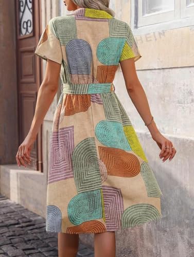 Image of Gufrina Women's Short Sleeve Collar Neck Dress - Geometric Print Button-Down Midi Dress with Tie-Up Belt