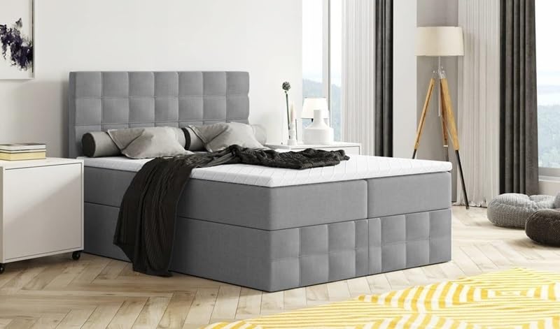 Generisch Moderne Boxspringbett MERA Premium Bett mit Bettkasten Ziernähten Bonell Matratze H3 Federkern Topper Polsterbett Doppelbett Schlafzimmer (Dunkelgrau: Aura 24, 140 x 200 cm)