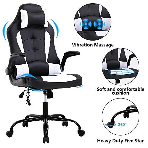 Gaming Chair Ergonomic Racing Chair PU Leather Executive High Back Computer Chair,Massage Chair Rolling Task Adjustable Swivel Chair,with Lumbar Support Headrest Armrest Footrest Task Chair for,White