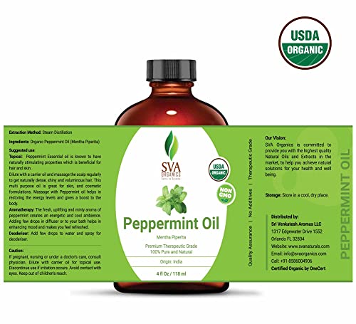 Sva Organics Peppermint Essential Oil Organic 4 Oz Usda 100% Pure Natural Premium Therapeutic Grade With Dropper For Diffuser, Aromatherapy, Skin, Hair & Massage #TOP1
