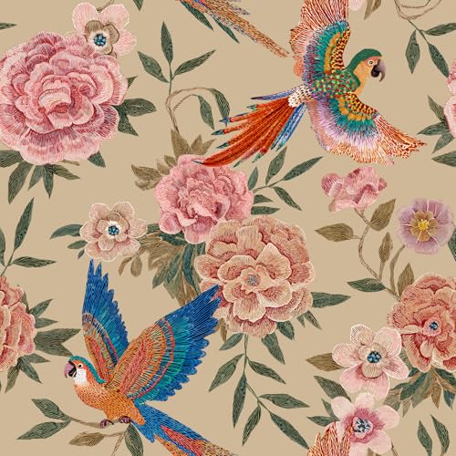 VaryFloral Vintage Floral Bird Wallpaper Flying Parrot Blooming Flower Wallpaper Peel and Stick Vivid Bright Garden Floral Contact Paper for Furnitures Self Adhesive Living Room Wall Mural 17.7'x157'