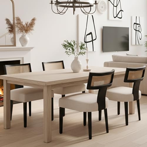 HNY Mid Century Modern Rattan Dining Chairs Set of 4, Farmhouse Linen Upholstered Accent Chair Curved Backrest Kitchen Chairs, with Black Hardwood Frame, Beige