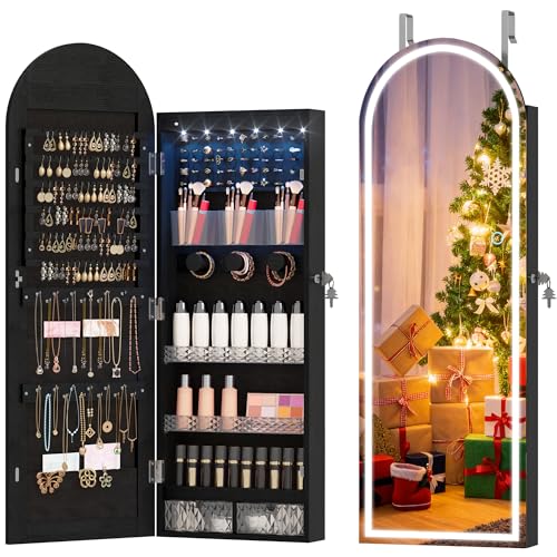 LVSOMT LED Espejo Joyero de Pared, Arqueado Espejo Joyero con Cerradura, Moderno Armario Joyeros Colgante con Espejos de Arco, Montaje puerta o pared, 3 Color Luz, Gancho de puerta Ajustable, Negro