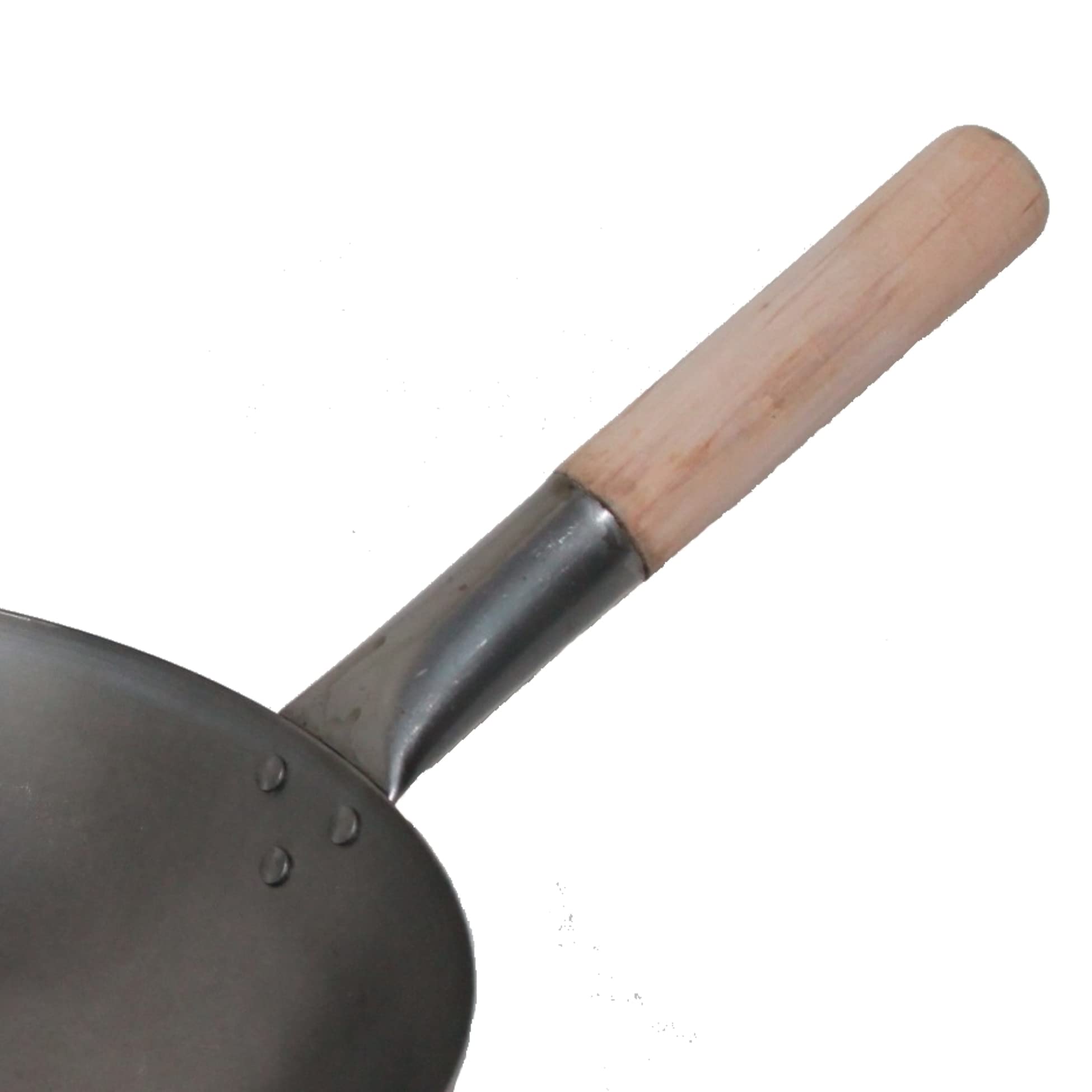 Wok Pfanne Flacher Boden Ø 40 cm aus Karbon Stahl, für Gas und Induktionskochfelder, mit Holzgriff