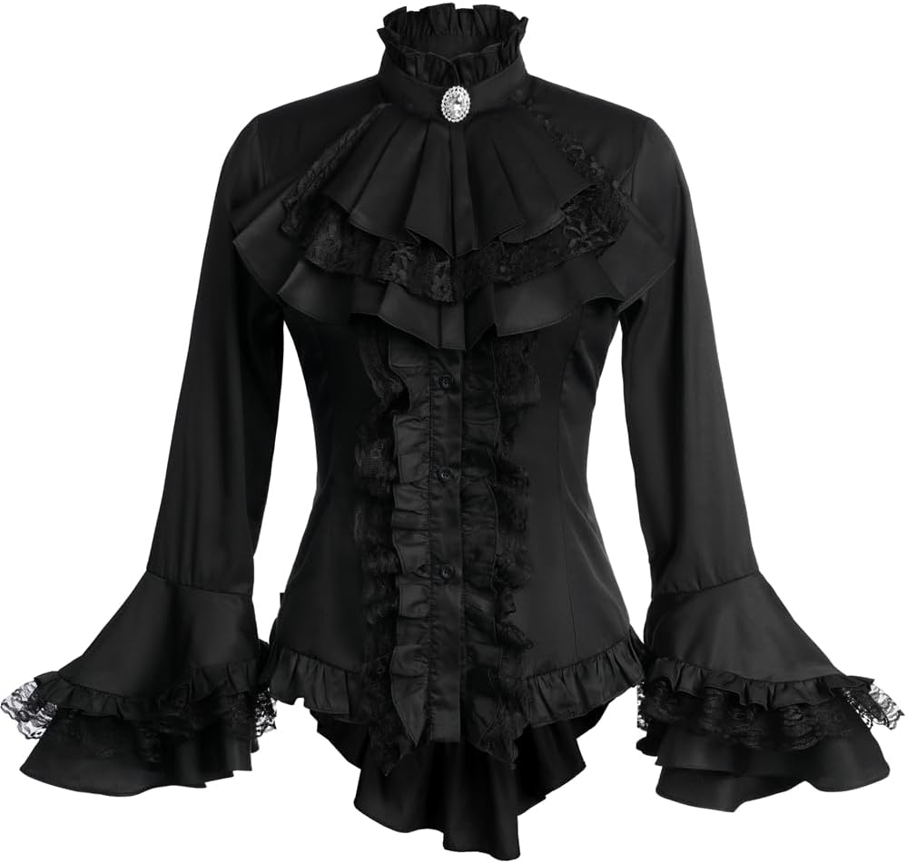 Gothic Victorian Blouse for Women Sweet Lolita Shirt High Low Irregular Ruffles Lotus Hem Medieval Tops