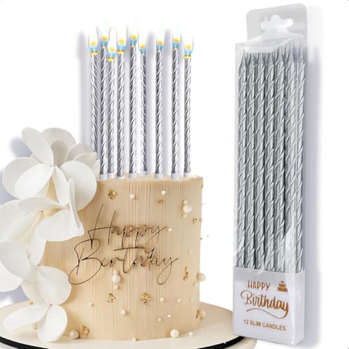 La Mejor Lista de Pastel elegante del mes. 45 Set de 12 Velas Metálicas Plata para Cumpleaños, Velas Largas Tipo Slim de 13.5cm con Soporte para Pastel, Decoración Elegante para Fiestas, Aniversarios y Eventos Especiales -...