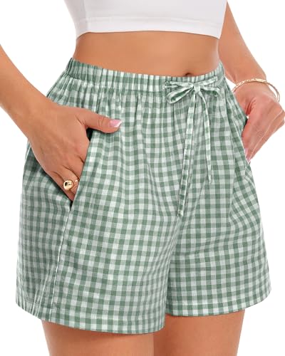 Image of Women Boxer Shorts Gingham Drawstring Pajama Bottom Plaid Pants with Pocket