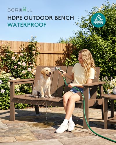 Image of SERWALL 2-Person HDPE All-Weather Outdoor Bench Set of 2, Brown