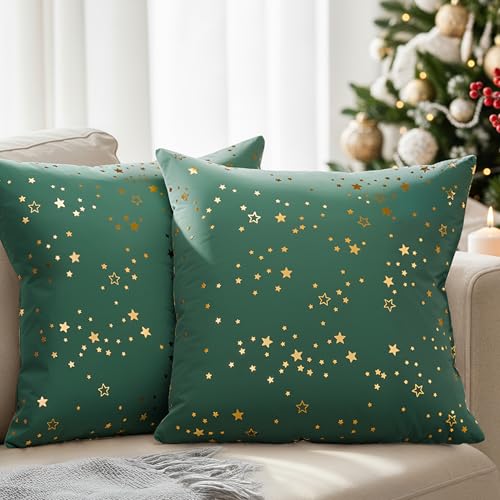 Christmas Pillowcases 16x16 - Christmas Pillow Covers Set of 2 - Xmas Couch Pillowcases for Living Room - Bed-Sized Holiday Throw Pillow Covers - Holiday Home Decor - Gold Foil Cushion Cases - Green
