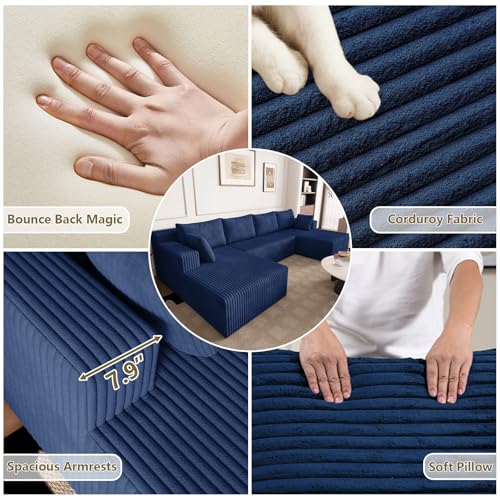 Image of 124 inch Modular Sectional Sleeper Sofa, Boneless Cloud Couch for Living Room, U Shaped 3 Seat Sofa with Deep Seat, Free Combination, Couch in a Box, No Assembly Required (Blue)