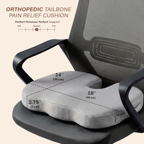 Image of Orthopedic Memory Foam Coccyx Seat Cushion for Tailbone Pain Relief | Hip & Back Support | Sciatica & Piles Relief | Non-Slip Bottom | Office /Home Chair & Car | Grey Mesh Cover | 2 Year Warranty