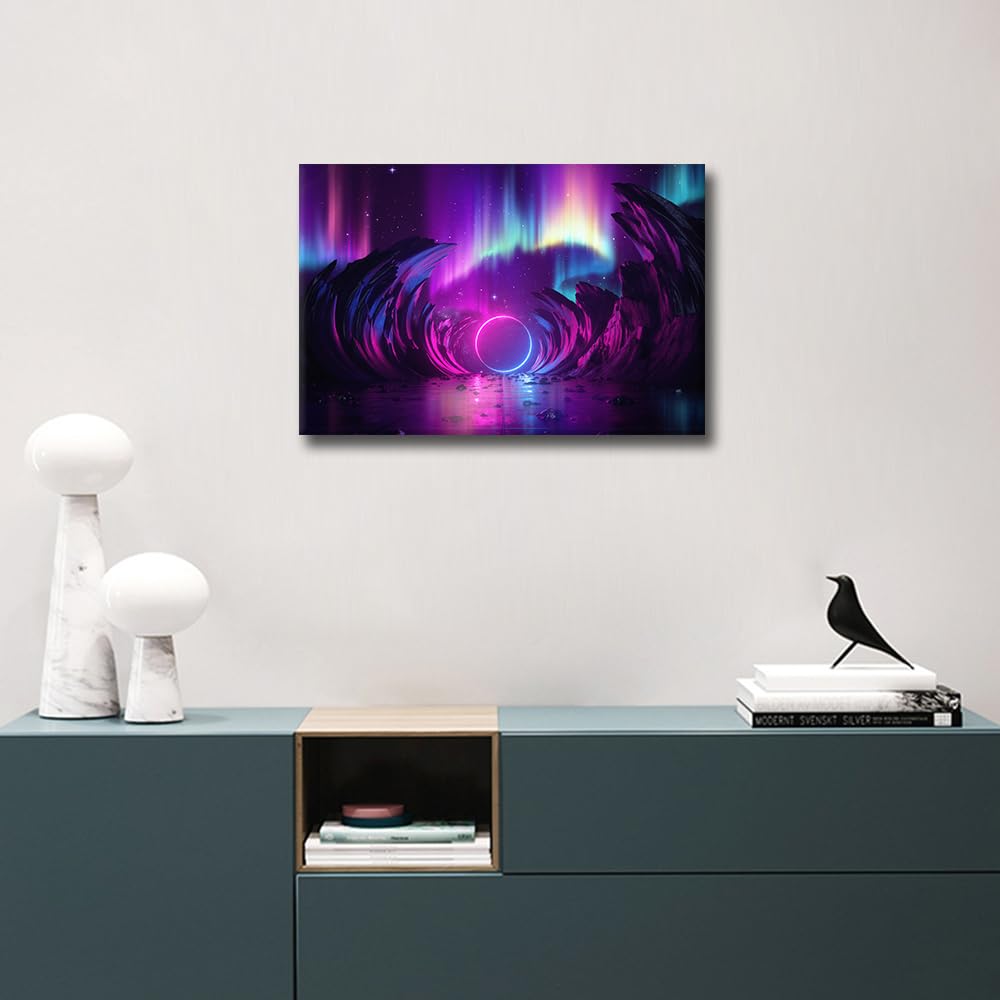 TISHIRON Neon Light Wall Paintings for Living Room Cosmic Landscape Modern Office Wall Art Aurora Borealis Large Wall Decor for Bedroom Artwork Giclee Wall Decoration Framed Ready to Hang - Image 3