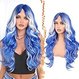 BARSDAR ブルー プラチナ ブロンド ロング ウェーブ ウィッグ カーテン前髪付き – 28 インチ ブルー ブロンド オンブレ ハイライト キャリコ ウィッグ 女性用 – 自然に見える厚手で柔らかい合成ウィッグ パーティー ハロウィン ゴシック コスチューム