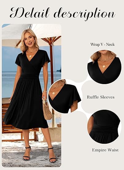 Image of GRECERELLE Spring Summer Dress for Women Casual Ruffle Short Sleeve Wrap V-Neck Dress