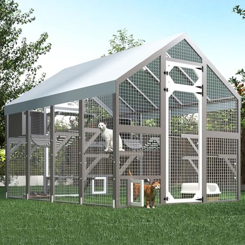 Image of Extra Large Catio Outdoor Cat Enclosure Waterproof, Walk-in Outdoor Pet House for Multiple Cats, Catio Cat Run Cage with Bridges, Weatherproof Full Cover, 8 Platforms, 2 Resting Box