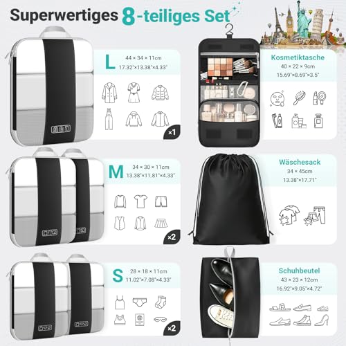 Koffer Organizer mit Kompression, 8 Stück Packing Cubes für Koffer und Rucksack – wasserabweisende Packwürfel aus recyceltem RPET… – Ansicht 6