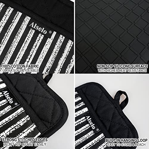 Alselo Silicone Pot Holders Set of 3 Heat Resistant & Non Slip Potholders, Professional Oven Hot Pads with Pockets Mitts for Kitchen Cooking Baking Barbecue (3, Black)