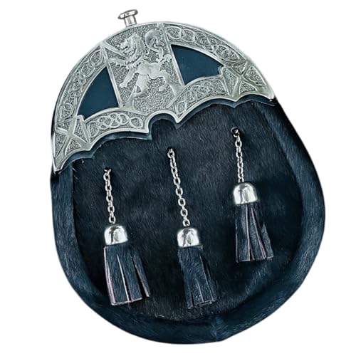 Black Antique Lion Rampant Cantle Black Fur Sporran with 3 Chain Matching Fur Tassels Scottisn Men Kilt Full Dress Formal Sporrans Handmade Real Leather Kilt Set Sporran2