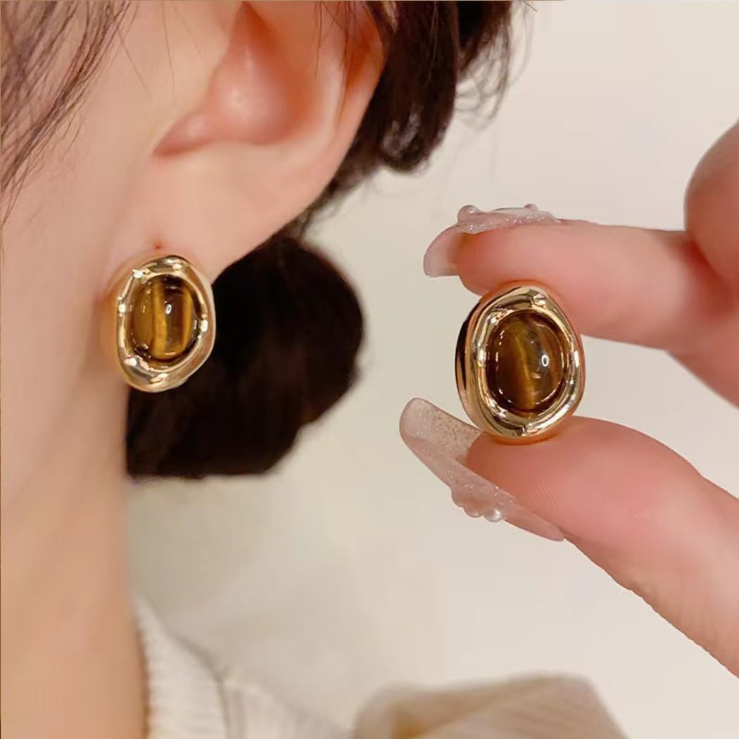 Charm Gold Natural Stone Drop Dangle Earrings for Women, Dainty Geometric Oval Statement Studs Earrings Trendy Aesthetic Ear Jewelry Accessories - Image 3