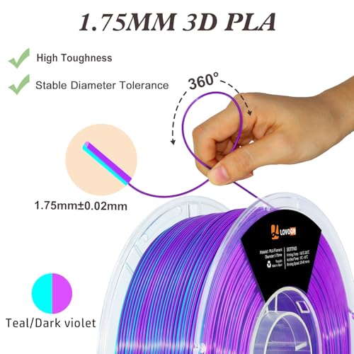 Image of LOVOON 3D Printing Filament PLA Silk Multicolor PLA Filament 1.75mm DualColor Change by Angle Filament Fit Most 3D Printer& 3D Pen,Silk Teal /Dark Violet(Blue /Purple), 1KG(2.2lbs) /Spool