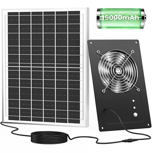 Solar Powered Fan with Battery & Timer, 25W 15000 mAh 3500RPM High-Speed Small Solar Exhaust Fan for Chicken Coop, Greenhouse, Shed, Vent, Pet Houses, Windows, Outside Rainproof