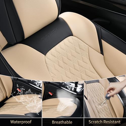 Image of FLORICH Seat Covers, Car Seat Covers Front Seats, Luxury Nappa Leather Seat Covers, Breathable and Waterproof Car Seat Protector 2 Seat, Automotive Seat Covers Universal for Most Cars-Black&Beige