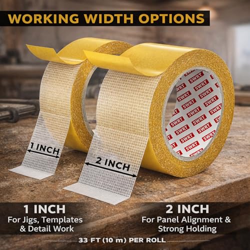 SWRT Double Sided Woodworking Tape, Removable Adhesive for Holding Wood Templates, Mounting Boards, MDF Edge Banding, Routing, and Anchoring, Clean Removal No Residue, 1 & 2 Inch x 33 FT, 2 Rolls - Thumbnail 2