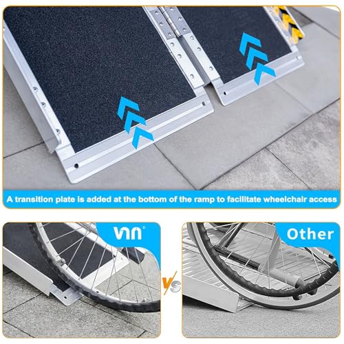 Rampa para silla de ruedas, rampa de carga plegable de aluminio de 7 pies con placa de transición y calcomanías reflectantes, antideslizante, capacidad de 280 kg para sillas de ruedas, scooters