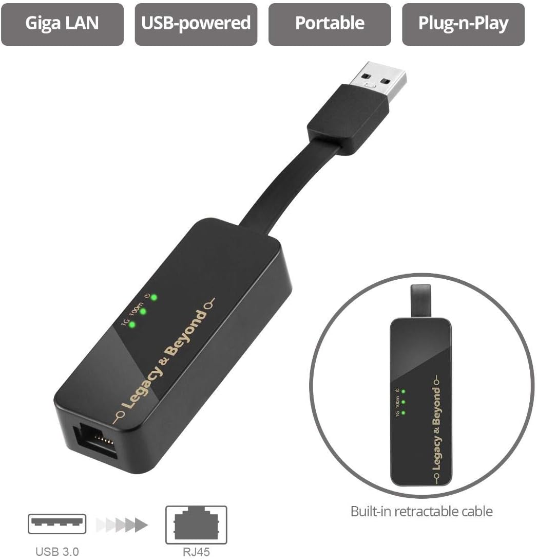 SIIG Foldable USB 3.0 to Ethernet Adapter, 10/100/1000 Mbps Gigabit Ethernet LAN RJ45, Supports Windows 10/8/7, Mac OS X 10.16 to 10.6 - Black (LB-US0714-S1)