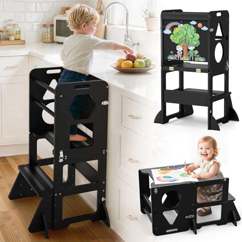 Image of Woodure 4 in-1 Toddler Kitchen Step Stool, Foldable Learning Standing Tower with Blackboard, Wooden Kitchen Stool Helper for Kids, 1-3 Year Old Boy Girl Gifts - Black
