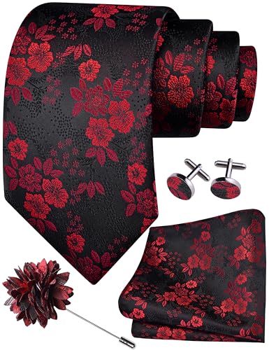 Image of GUSLESON 3.15 inch(8cm) Mens Floral Tie and Lapel Pin Necktie Hankerchief Cufflinks Set for Men