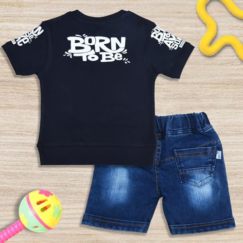 Image of Fancy Kids Pure Cotton T-Shirt And Denim Jeans Shorts Set For Boys
