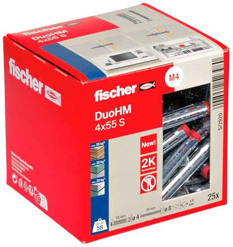 fischer Hohlraumdübel DuoHM 4 x 55 S PZ, Plattendübel mit metrischer Panheadschraube und PZ-Antrieb zum Befestigen von TV-Halterungen, Leuchten, Wandregalen, uvm. in Plattenbaustoffen, 25 Stück