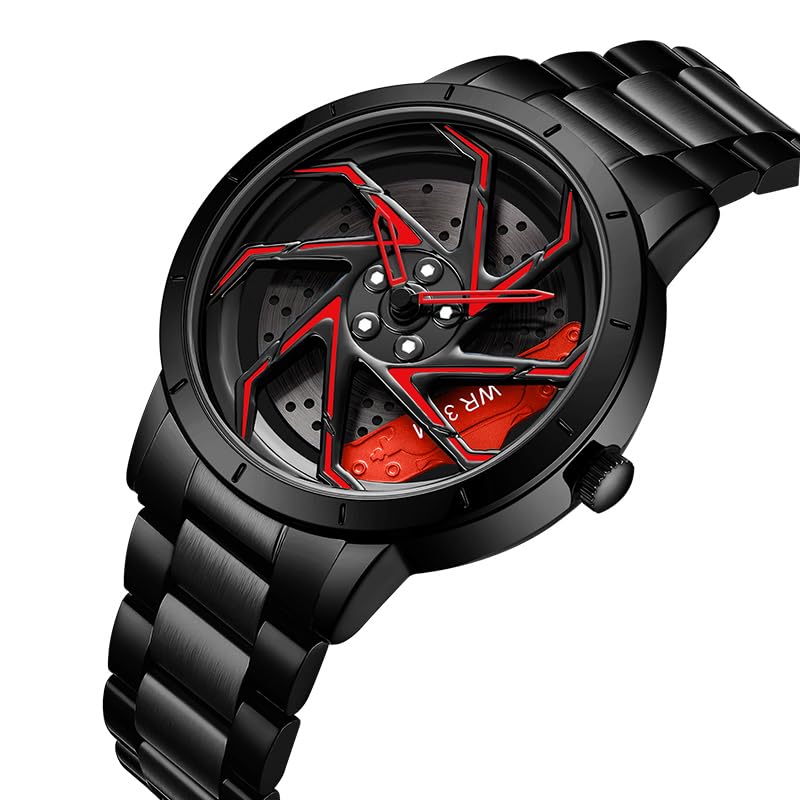 Image of FANMIS Men's Racing Car Wheel Watch 3D Spinning Dial Stainless Steel Watch | Creative 3D Spinning Car Quartz Large Skeleton Face and 30M Water Resistance Designed for Car Fans and Daily Wear.