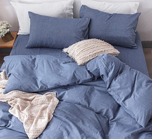 Moomee Bedding Duvet Cover Set 100% Washed Cotton Linen Like Textured Breathable Durable Soft Comfy (Blue, Queen) #TOP4