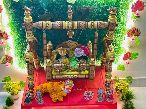 Image of Stronge Wooden Foldable Laddu Gopal Jhula | Krishna Parna | Krishna Palana Hindola | Wooden God Jhula Big Size | Royal & Antique Krishna Swing for Pooja Home (Pearl Yellow Copper)